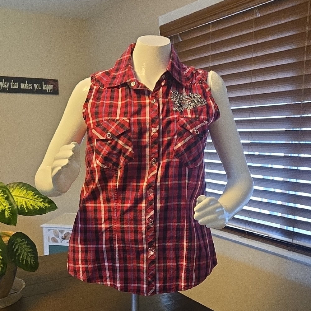 Harley-Davidson Red Plaid Sleeveless Top